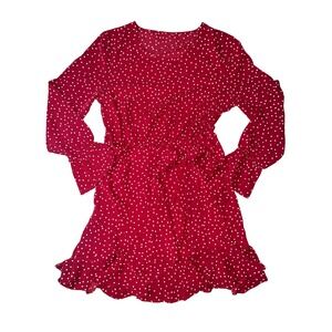 W Red White Polka Dot Long Sleeve Ruffle Mini Dress Medium